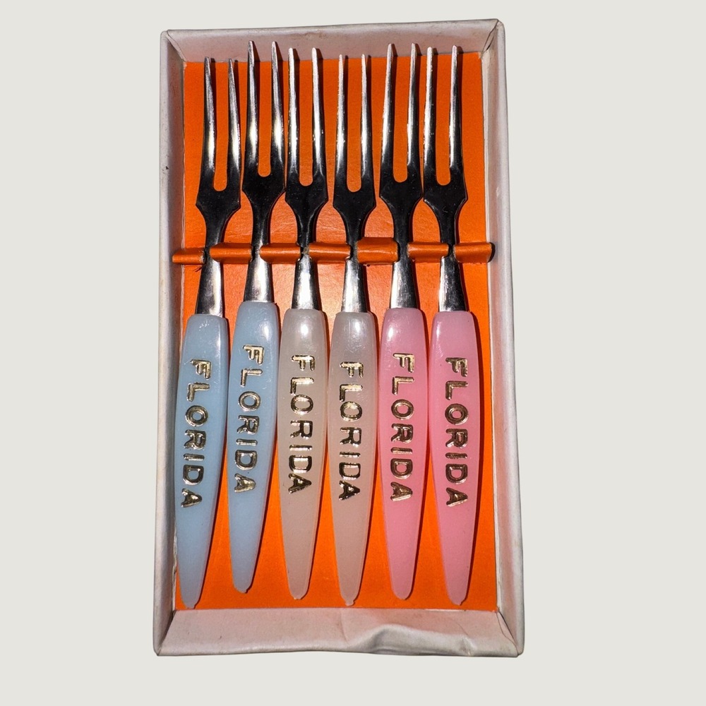 Vintage Florida MCM Souvenir Cocktail Forks Set of 6 Little Fork Japan Pastel
